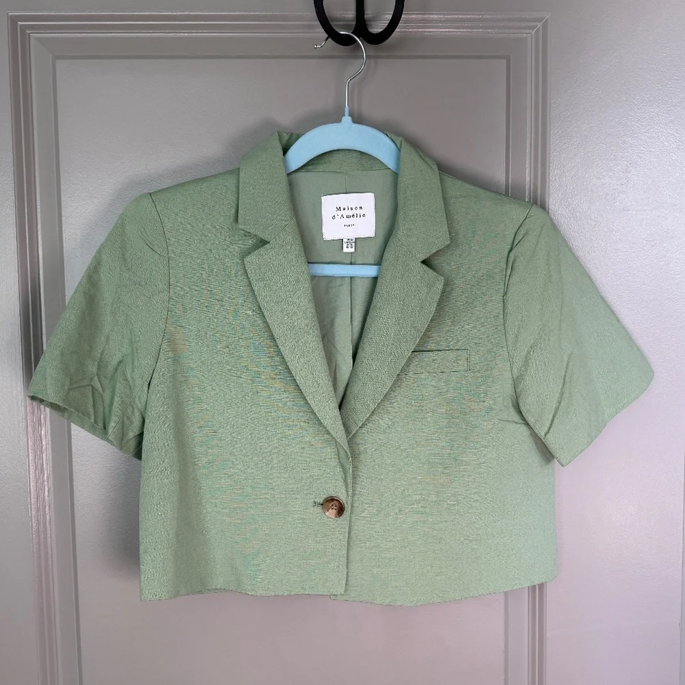 Maison d'Amélie Paris Sage Green Cropped Short Sleeve Blazer Size XS